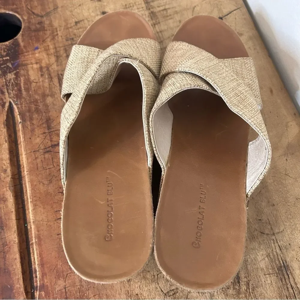 Chocolat Blu Melissa Cork Wedge Sandals Sand Cross Straps Women's 10